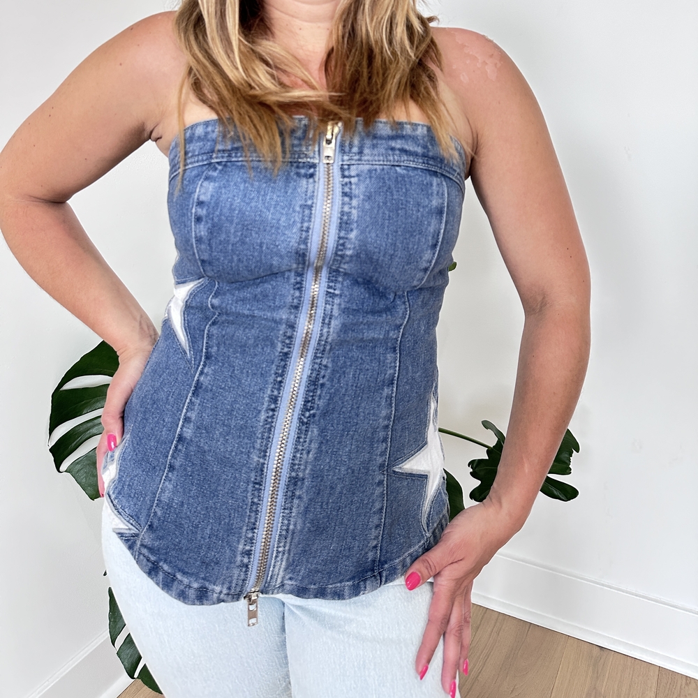 Nasty Gal Mid Wash Denim Star Western Chic Y2K Boho Festival Bustiet Corset Sz 6